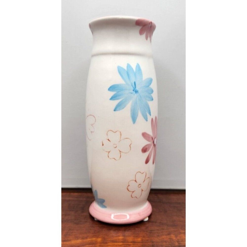 Vintage Hand-Painted Bud Vase Pottery 8” Blue Pink Green Floral Flowers  White